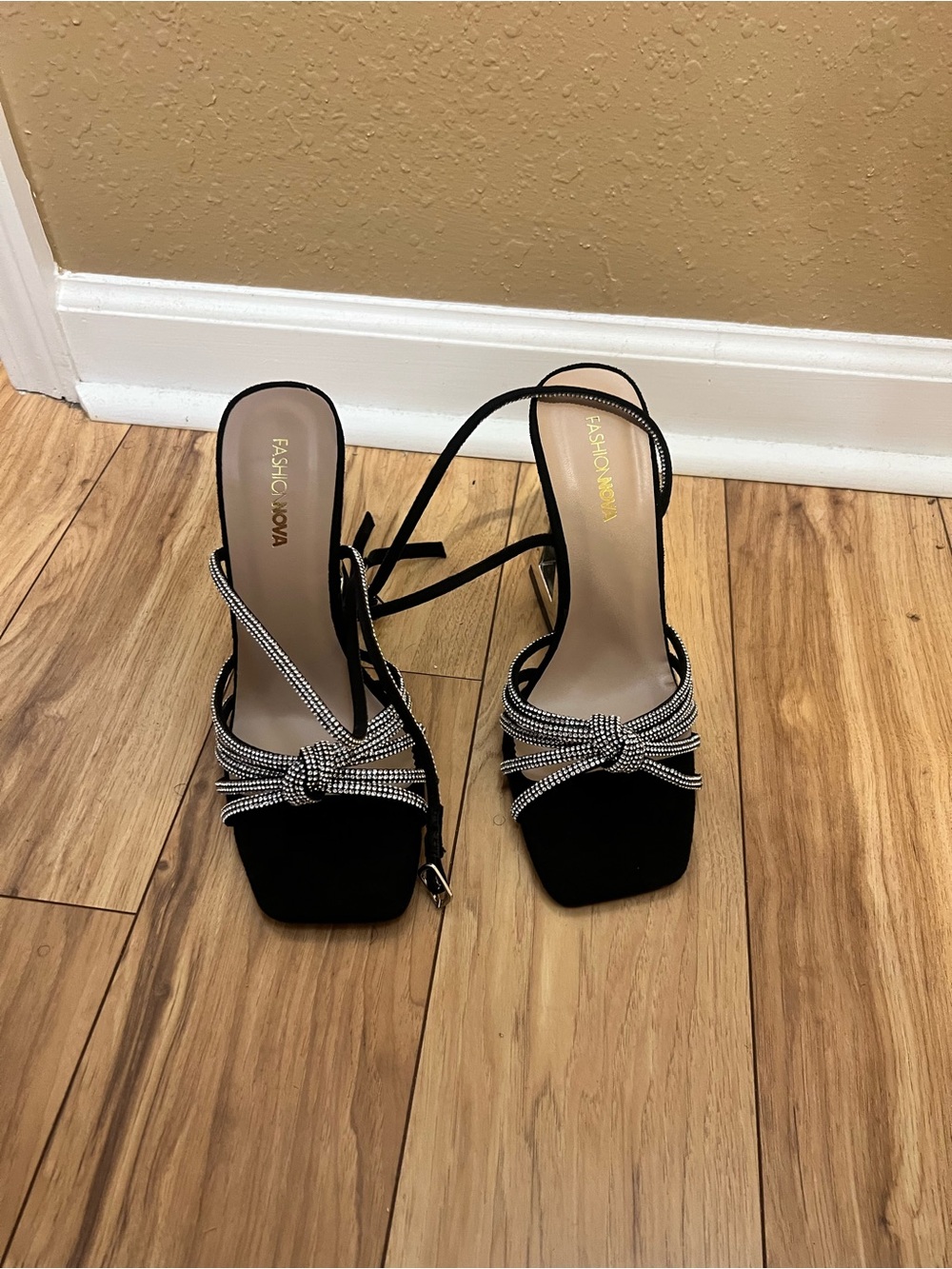 Fashion Nova Black Rhinestone Knot Strap Sandals